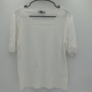 Cable & Gauge Knit Sweater Large Womens White Square Neck Scallopped Short Sleev